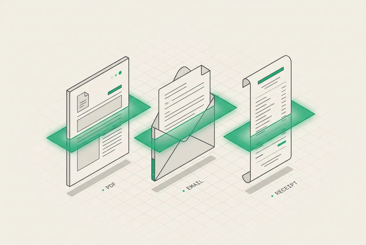 Isometric drawing of a PDF, an email and a receipt passing through a green scanning plane