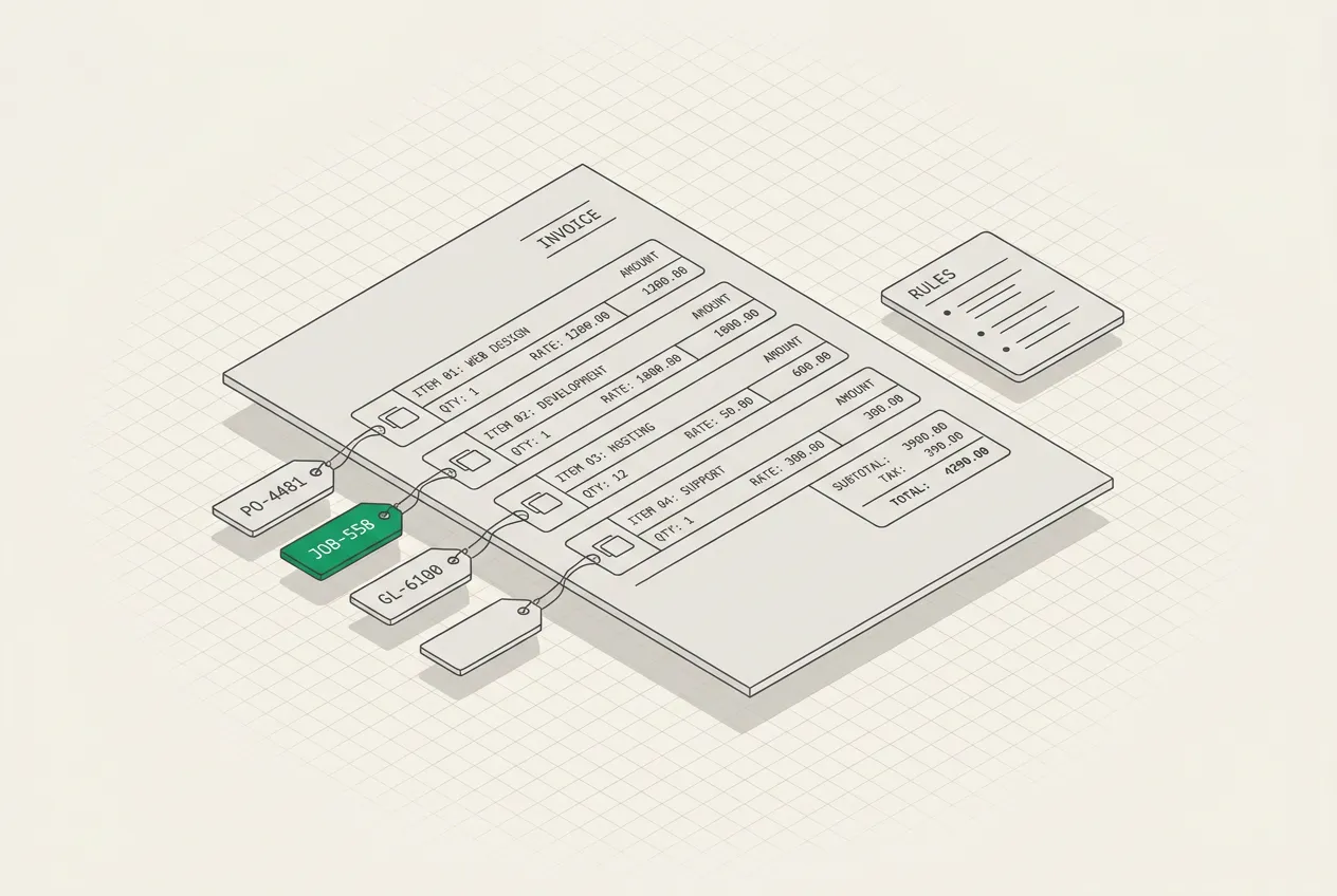 Isometric drawing of an invoice with PO, job and GL tags attached to its lines