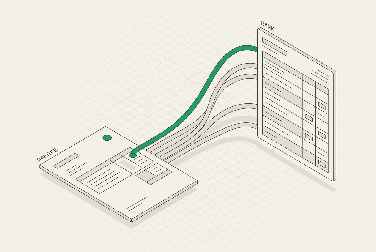 Isometric drawing of an invoice connected by flowing lines to a bank statement