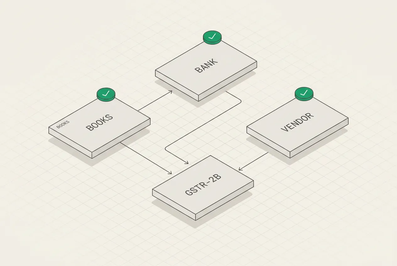 Isometric drawing of books, bank, vendor and GSTR-2B records joined by lines, three with green checks