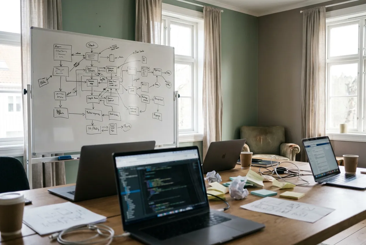 A studio table with laptops and sticky notes in front of a whiteboard covered in a hand-drawn flow diagram